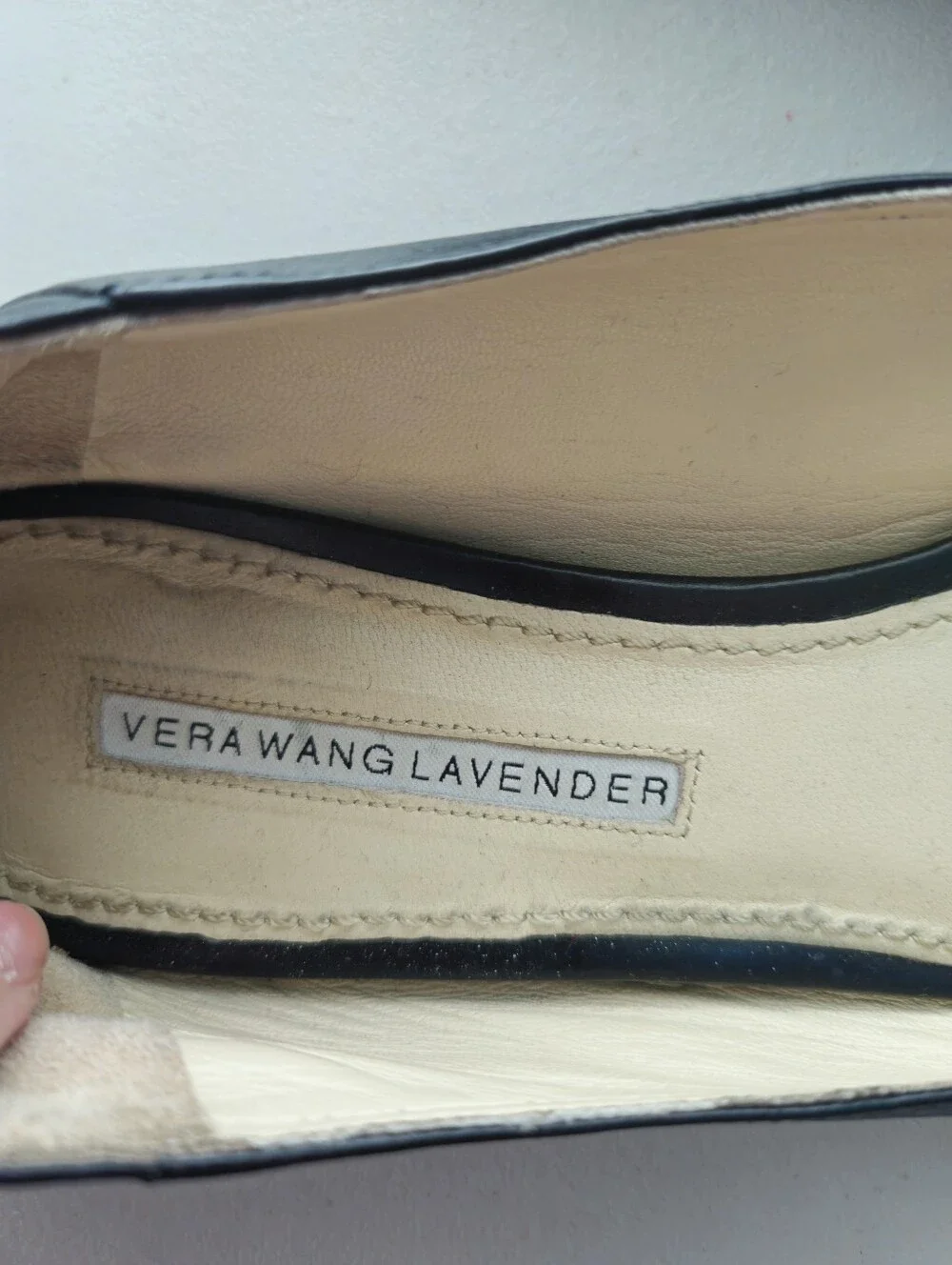 Vera Wang Lavender Black Leather Ballet Flats with Crystal Flower Appliqué